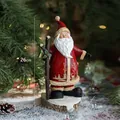 Resin Santa Claus figurine with wood carving texture and deer pattern, 26cm tall - Santa With Cane