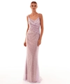 Detail of lavender sequin dress showing chain straps and draped neckline texture - L / Lotus Pink