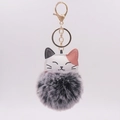 Close-up of cute calico cat plush keychain with fluffy grey pompom and gold lobster clasp - (Gold Chain Clasp) / 3# Frosted Black