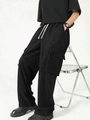Pantalones cargo de pana negra para hombre con múltiples bolsillos y cordón en la cintura - S / Negro