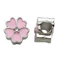 Pink enamel cherry blossom charm with sparkling crystal and silver plating for DIY jewelry - Rhinestone Pink Flower Large Hole Bead