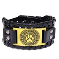 Handmade black leather bracelet with bear paw metal plate and runic engravings - Black Leather + Antique Bronze