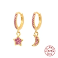 Macro detail of S925 sterling silver stamp on gold moon and star earrings with pink gems - Gold - Rose Red Zirconia