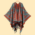 Close-up of red and blue cashmere-like shawl featuring intricate paisley patterns and black tassels - Tassel Sunflower Orange