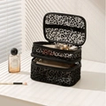 Double-layer black mesh makeup bag with leopard print design and top handle grip - Double Layer Leopard