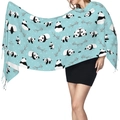 Detail of light blue cashmere-feel scarf with panda and bamboo pattern and fringe trim - Light Blue - Panda & Bamboo