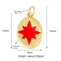 Golden oval brass pendant with red enamel octagonal star, 16mm DIY jewelry finding - L70 North Star Drip Red Gold