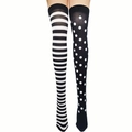 Detail of asymmetrical Halloween thigh high socks with black white stripes and large polka dots - One Size / Black and White Stripes and Dots Asymmetric