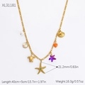 Golden sea-themed charm necklace featuring starfish, turtle, and shell charms with pearls - XL31181 Ocean Style Starfish Turtle Style