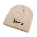 Beige wool knitted beanie with black Yours embroidery on a clean white background - Adult (56g) / Beige