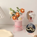 Handmade knitted flower bucket gift set with pink bow, gift bag and LED light string - With Light + Bag / White + Orange