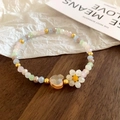 Colorful beaded necklace with amber heart and white flower charms on a flatlay background - 6# Heart Flower Beaded Crystal Bracelet
