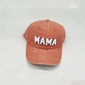 Detail of vintage washed brick red baseball cap with white MAMA embroidery - Adult MAMA / Orange Red