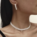 Elegant silver-tone rhinestone necklace and earrings set with three rows of sparkling stones - Three-Row Pave Rhinestone Set (DTN14026921S)
