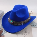 Deep blue wide brim wool fedora hat with bohemian woven band and turquoise tassel detail - Ethnic Style / Sapphire Blue