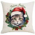 Weihnachts-Kissenbezug mit Katzenmotiv, Feline Festive Text und Adventskranz - Getigerte Katze & Kranz-Feline Festive