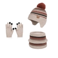 Beige winter knit set including earflap hat with pompom, striped snood, and touchscreen gloves - Beige