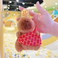 Cute capybara plush keychain with yellow crown and red plaid cape hanging accessory - Monk Dark Brown + Bead Chain