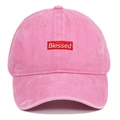 Detail of pink washed cotton baseball cap with red Blessed rectangular embroidery - Pink