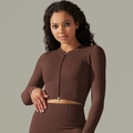 Top yoga corto a costine marrone cioccolato con zip frontale e maniche lunghe - Manica Lunga - Marrone / L