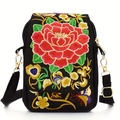 Ethnic style black canvas crossbody bag with red peony floral embroidery and strap - Red Peony