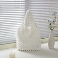 White bubble texture tote bag in pleated waffle fabric for women shoulder carry - White