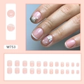 Short nude pink French fake nails set with white flowers and gold glitter accents - Style W753 Pure Desire Flower (Glue Style)
