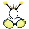 Bee costume set with yellow pom-pom headband and honeycomb pattern glasses for parties - Black Headband Yellow Ball Crown Set