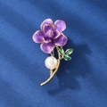 Elegant purple enamel flower brooch with white pearl and gold stem on blue background - XD825130-3 Purple Flower Pearl