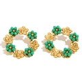 Orecchini a fiore in oro con perle di malachite verde in stile vintage francese - Orecchino a Lobo a Cerchio con Fiore / Verde
