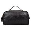 Portable black PU leather cosmetic bag with gold hardware and top handle for travel - Black