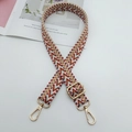 Detailed view of adjustable geometric woven strap with gold metal hooks on white background - Light Blue Brown Red + Gold Hook