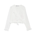Weiße Langarmbluse mit V-Ausschnitt, Rüschensaum und leichtem Chiffon-Stoff - XS / Weiß