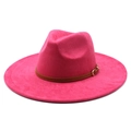 Rose red wide brim suede jazz fedora hat with brown leather band and gold buckle - M (56-59cm) / Rose Red Suede