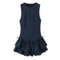 Navy blue plaid sleeveless dress with tiered ruffle hem and metal waist buckle detail - XS / Navy Blue Plaid