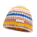 Rainbow striped knit beanie for women featuring a 'Love Fashion' patch and fringe edge - M (56-58cm) / Colorful 1