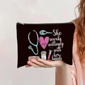 Nurse canvas makeup bag with medical icons and She works willingly with her hands text - Healthcare Medical Theme Illustration (jiayingpbb0322)