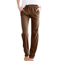 Detail of loose fit cotton linen pants featuring drawstring waist and side pockets - S / Brown