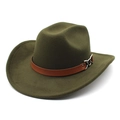 Detailed close-up of olive green wool felt cowboy hat with brown leather band and chain - M (56-58cm) / Army Green