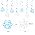Dettaglio di fiocchi di neve blu e argento con spirali e indicazioni delle dimensioni - Spirali di fiocchi di neve appese / 13cm-15cm