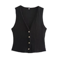 Detail of black V-neck vest with textured fabric and four wood-grain buttons in size S - XS / Black Top