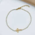 Golden titanium steel tennis bracelet with cross pendant and pave-set cubic zirconia - Bracelet No. 6 (B0061)