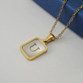 Gold plated stainless steel square necklace featuring a white shell letter U pendant - Gold Letter U