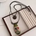 Bohemian retro long necklace with green water drop pendant and silk tassel detail - Wood/Tassel/Button/Hemp Rope / Green Water Drop Button Tassel Style (3#)