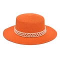 Detail of orange straw boater hat featuring elegant triple-row faux pearl embellishments - M (56-58cm) / Orange