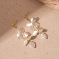 Elegant gold flower earrings with white petals and dangling irregular baroque pearls - Gold Silver Petal