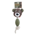 Durable dog chew toy with green rubber pillar, plush bear head and white cotton rope - Bear