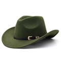 Close-up of dark green felt cowboy hat with black leather band and golden buckle - M (56-58cm) Adjustable / Army Green