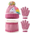 Kids pink knit unicorn hat scarf and gloves set with rainbow pompom and fleece lining - Pink
