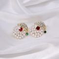 Festive Santa Claus stud earrings with red rhinestone and white pearl in gold finish - Pearl Santa Claus